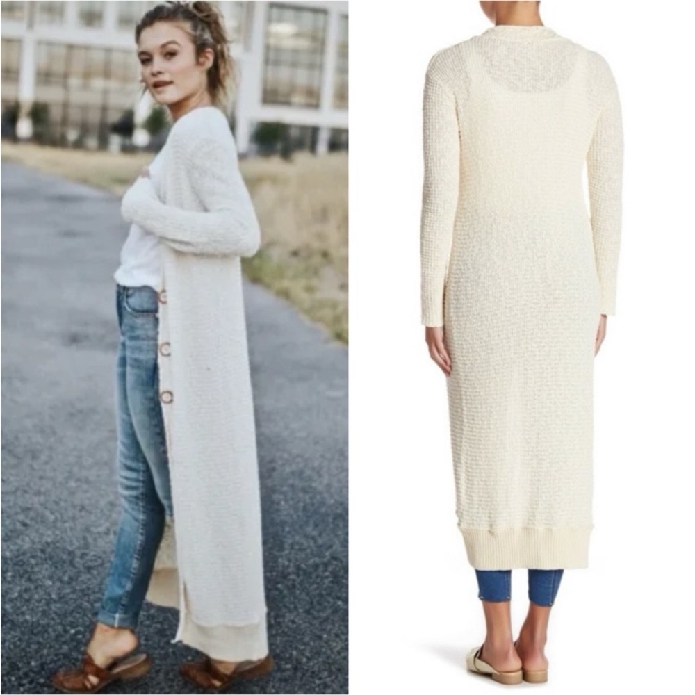 Free People Clearwater Long Duster Knit Cardigan - Cream - Cotton Blend - L